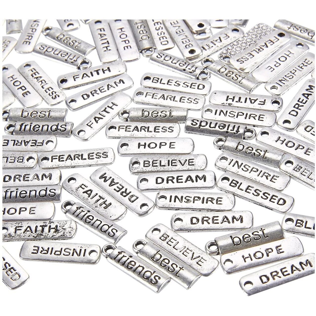 100 Pieces Inspiration Word Charms Pendants, Engraved Motivational Charms Collection for DIY Necklace, Jewelry Making, Fashion Accessories and Bracelet, Silver